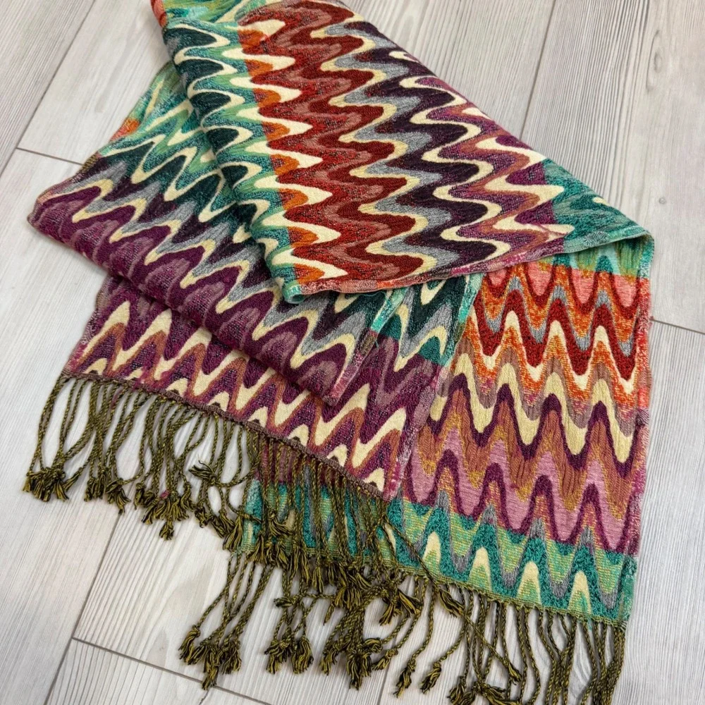 Tolani Multi Color Zigzag Chevron Viscose Scarf with Fringe Bohemian Wrap